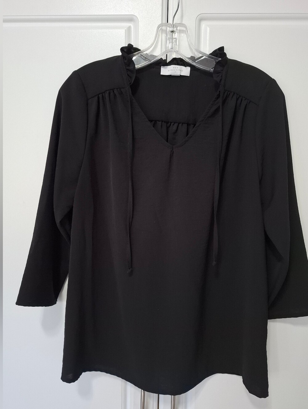 new directions Black Tie-Neck Ruffle Blouse